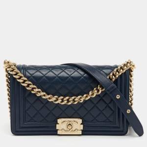 Chanel Navy Blue Quilted Leather Medium Boy Flap Bag