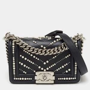 Chanel Black Leather Pearl Chevron Small Boy Flap Bag