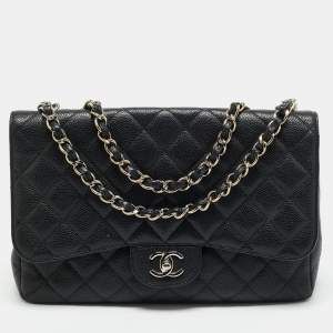 Chanel Black Quilted Caviar Leather Jumbo Classic Single Flap Bag