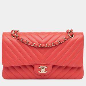 Chanel Red Medium Classic Chevron Lambskin Double Flap