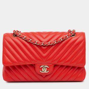 Chanel Red Medium Classic Chevron Lambskin Double Flap