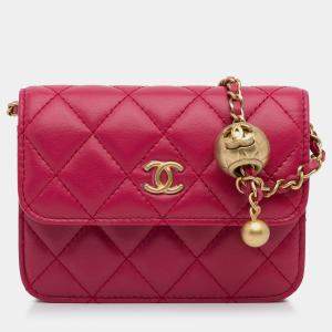 Chanel Red Mini CC Matelasse Pearl Crush Lambskin Crossbody Bag