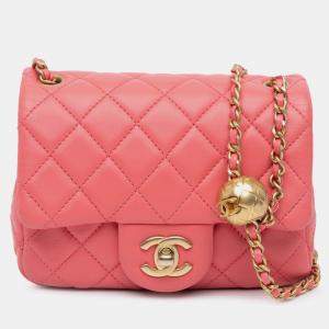 Chanel Pink Mini Square Classic Lambskin Pearl Crush Single Flap
