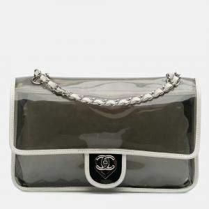 Pre Owned Chanel Black White Large PVC and Lambskin Naked Flap