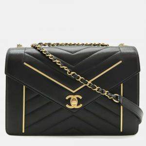 Chanel Chevron Black Lambskin Leather Chain Shoulder Bag