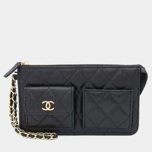 Chanel Chain Wallet Matelasse Coco Mark Caviar Skin Clutch Bag Black