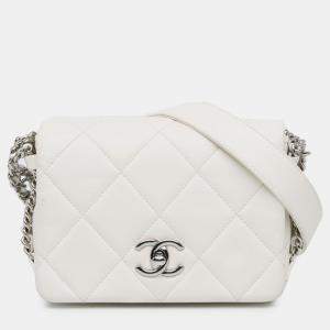 Pre Owned Chanel Mini Quilted Chain Rows Flap White Lambskin Bag