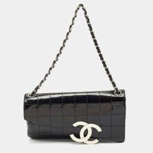Chanel Black Chocolate Bar Quilt Patent Leather Diagonal Flap Bag
