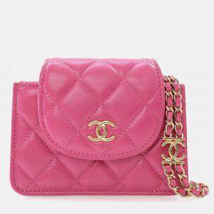 Chanel Pink CC Quilted Lambskin Flap Clutch On Chain