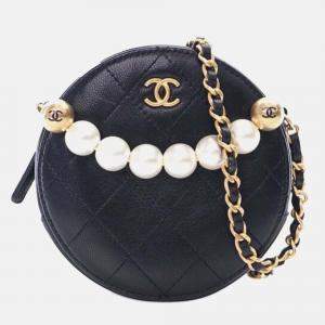 Chanel Black Lambskin Pearl Round Clutch On Chain