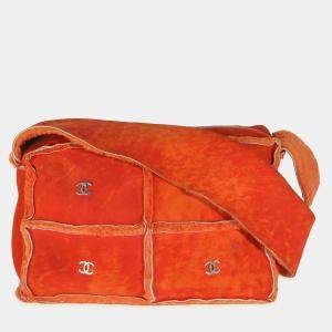 Chanel Vintage Orange Suede Shearling CC Logo Messenger bag