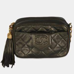 Chanel Vintage Metallic Green Quilted Lambskin Tassel Camera Bag