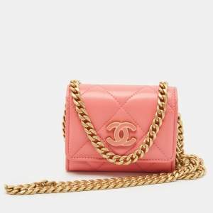 Chanel Pink Quilted Leather Pending CC Card Holder on Chain