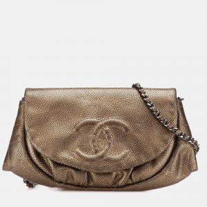 Pre Owned Chanel Gold CC Metallic Caviar Half Moon Wallet on Chain