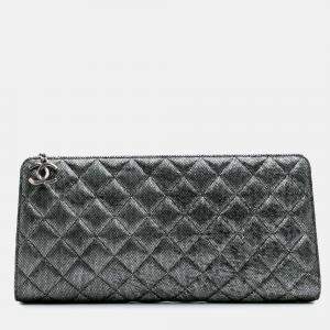 Chanel Silver CC Quilted Metallic Calfskin Zip Clutch