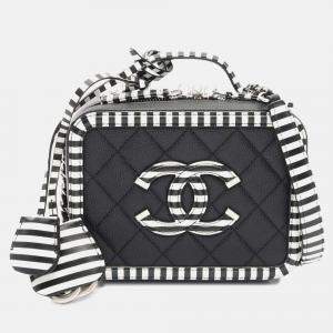 Chanel Black White Small Caviar Striped CC Filigree Vanity Case