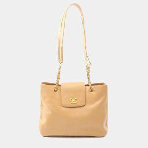 Chanel Coco Mark Beige Calfskin Leather Chain Shoulder Bag GHW