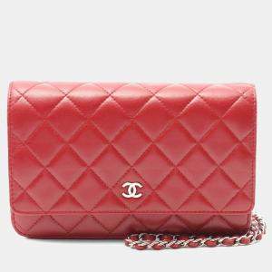 Chanel Classic Red Leather Wallet on Chain