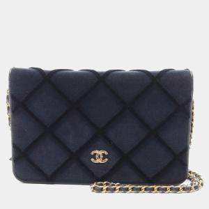 Chanel Blue Fabric Leather Wallet on Chain
