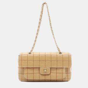 Chanel Single Flap Medium Beige Lambskin Square Stitched Shoulder Bag