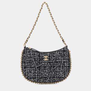 Chanel Trendy Chain Around Tweed Sequin Quilted Black White Hobo Bag