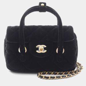 Chanel Black Velvet Quilted Mini Top Handle Flap Bag