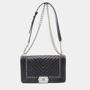 Chanel Boy V Stitch Black CC Leather Chain Shoulder Bag 
