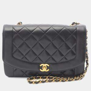 Chanel Cc Matelasse Diana Flap Lambskin Sheep Leather Black Shoulder Bag