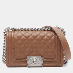 Chanel Boy Chanel Small Chain Shoulder Bag Leather Brown  Shw