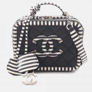 Chanel Black White Small Caviar Striped CC Filigree Vanity Case