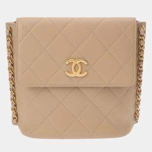 Chanel Matelasse Chain Shoulder Coco Mark Beige Lambskin Bag