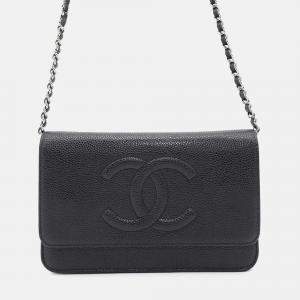 Chanel Chain Wallet Coco Mark Caviar Skin Shoulder Bag Black