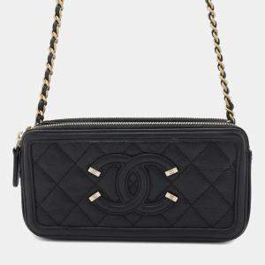 Chanel CC Filigree Long Black Caviar Skin Chain Wallet