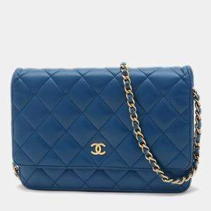 Chanel Matelasse Blue Lambskin Chain Wallet GHW