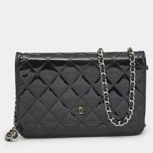 Chanel Black Quilted Patent Leather CC Wallet On Chain