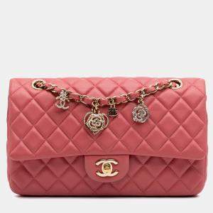 Chanel Pink Medium Classic Lambskin Valentines Heart Charms Single Flap