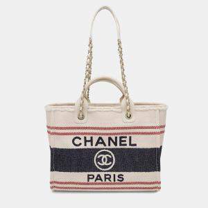 Chanel Shopping Bag Deauville Ecru/Red/Blue Cotton Leather