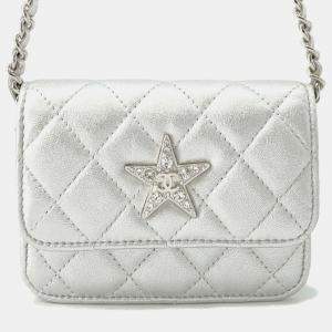 Chanel Matelasse Star Motif Chain card Case Silver Lambskin