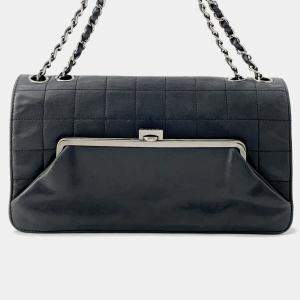 Chanel Chocolate Bar Kiss Lock Black Lambskin Chain Shoulder Bag 
