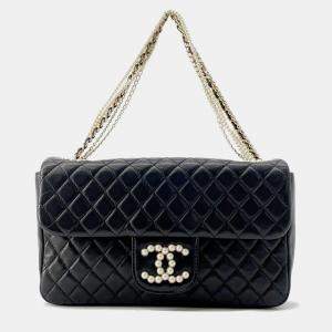 Chanel Matelasse Pearl CC Black Lambskin Logo Shoulder Bag 