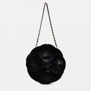 Chanel Black Lambskin and Satin Camellia Flower Evening Bag
