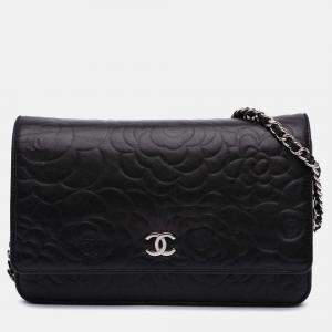 Chanel Black Lambskin Camellia Embossed Wallet On Chain