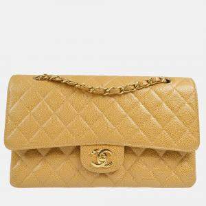 Chanel Classic Double Flap Medium Beige Caviar Leather Shoulder Bag