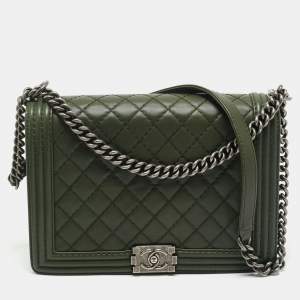 Chanel Military Green Quilted Leather Large Boy Flap Bag