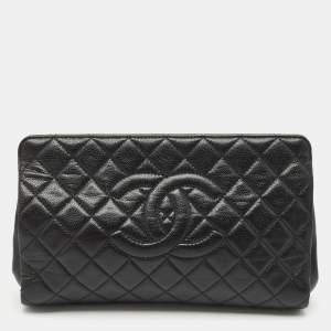 Chanel Black Quilted Caviar Leather CC Timeless Frame Clutch