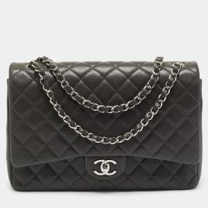 Chanel Dark Grey Quilted Caviar Leather Maxi Classic Double Flap Bag