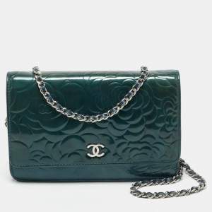 Chanel Teal Green Leather CC Camellia Embossed Wallet On Chain