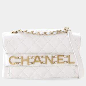 Chanel Medium White Calfskin Logo Enchained Flap Bag