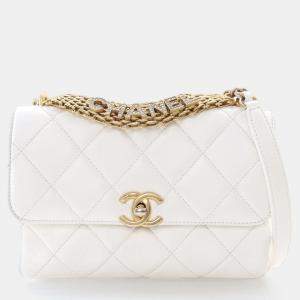 Chanel Mini White Lambskin CC Crystal Logo Chain Flap Bag