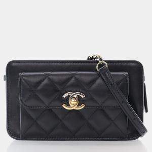 Chanel Black Lambskin Front Pocket Clutch With Chain